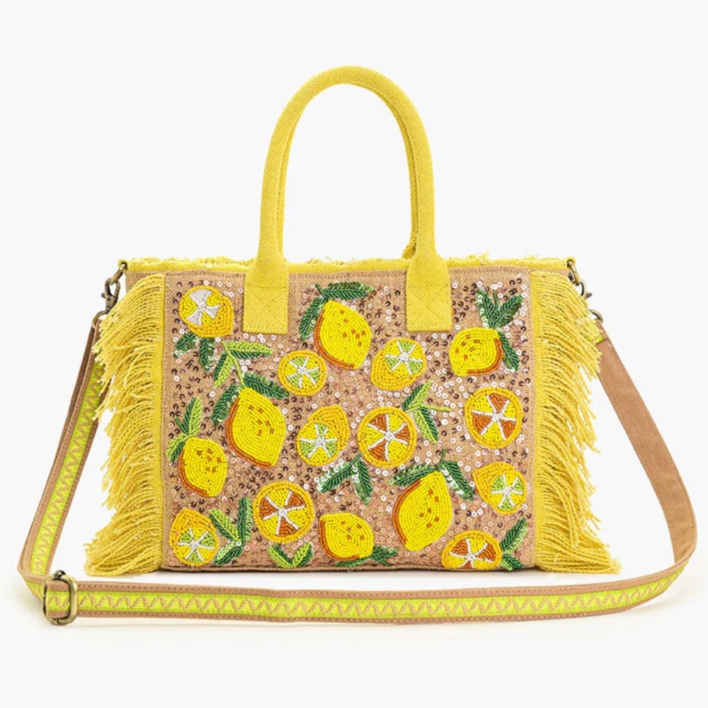 New with tags. Lemon Crush hand beaded bag w shoulder strap
